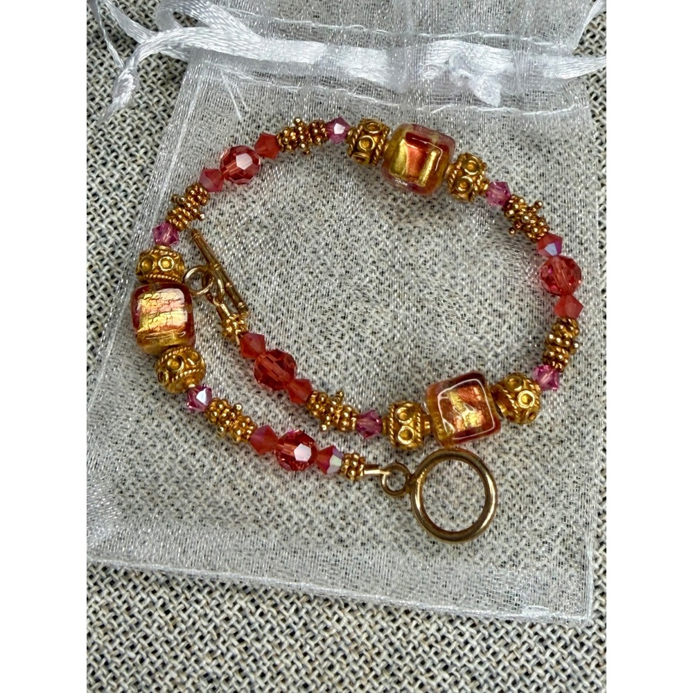 Murano Lampwork Glass Gold Foil Beaded Bracelet Pink Crystal Toggle Clasp 7.5" C